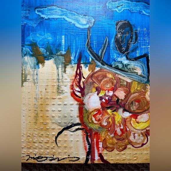 Original oil painting on wood block 7x7.25” ooak artwork signed ready to hang - Picture 4 of 4